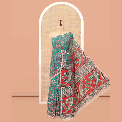 Pothys Blue Kalamkari Cotton Saree, Adorned with Floral Vine Print, Contrast Printed Border, Kalamkari Musical Instrument Motifs Pallu, and a Contrast Blouse