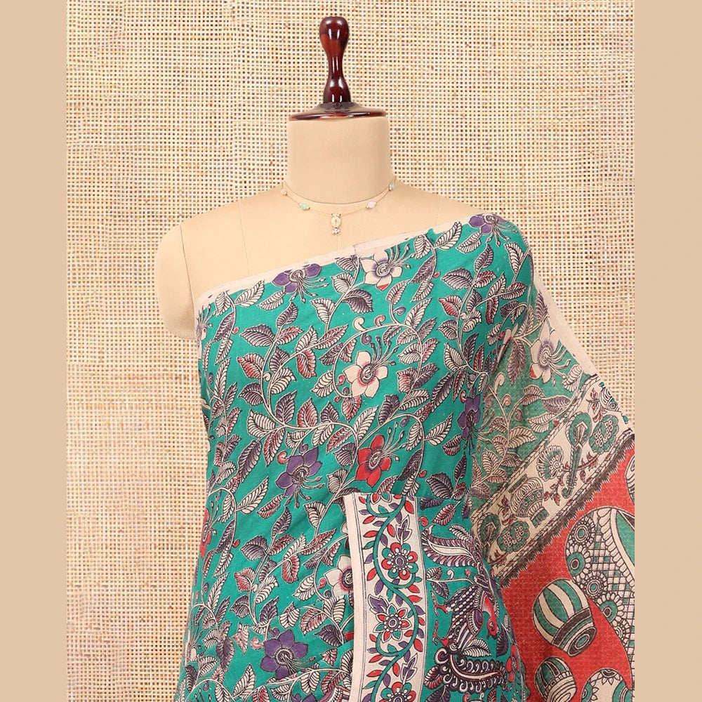 Pothys Blue Kalamkari Cotton Saree, Adorned with Floral Vine Print, Contrast Printed Border, Kalamkari Musical Instrument Motifs Pallu, and a Contrast Blouse