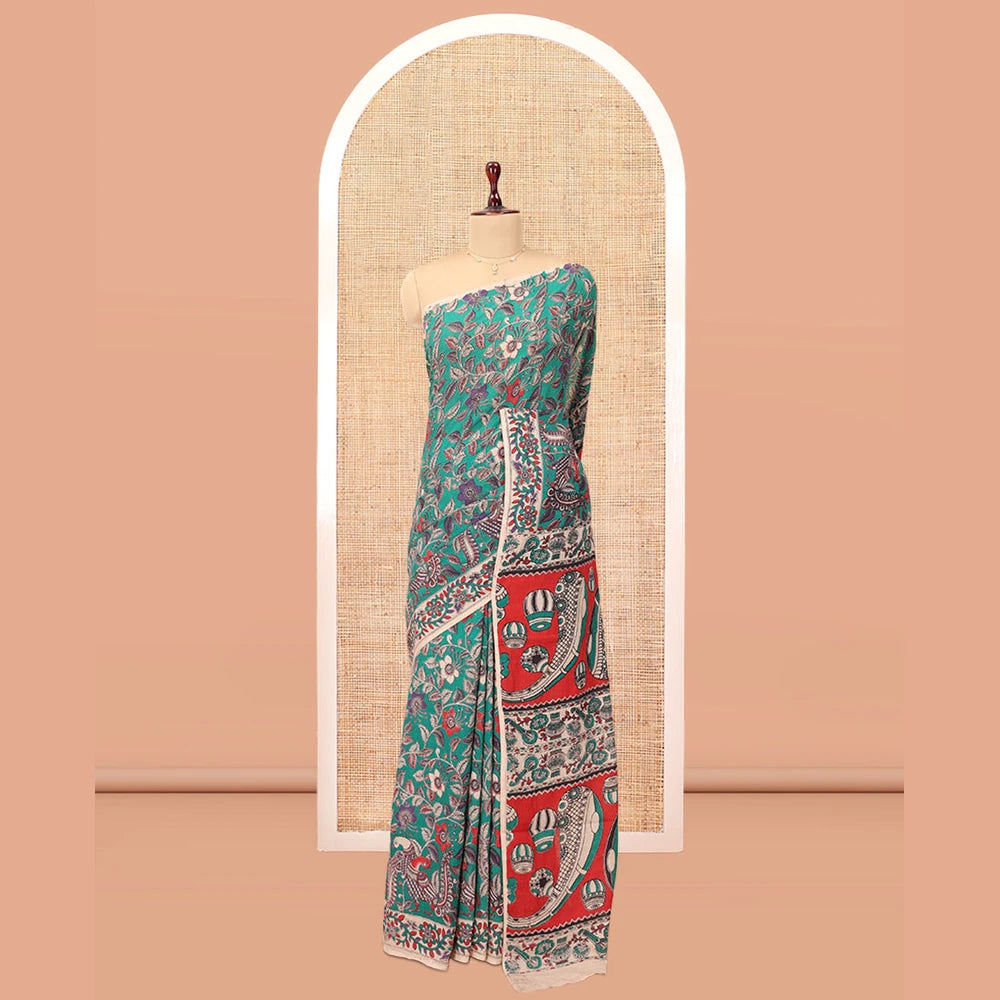 Pothys Blue Kalamkari Cotton Saree, Adorned with Floral Vine Print, Contrast Printed Border, Kalamkari Musical Instrument Motifs Pallu, and a Contrast Blouse