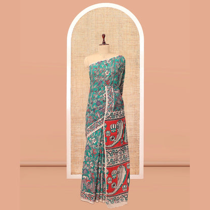 Pothys Blue Kalamkari Cotton Saree, Adorned with Floral Vine Print, Contrast Printed Border, Kalamkari Musical Instrument Motifs Pallu, and a Contrast Blouse