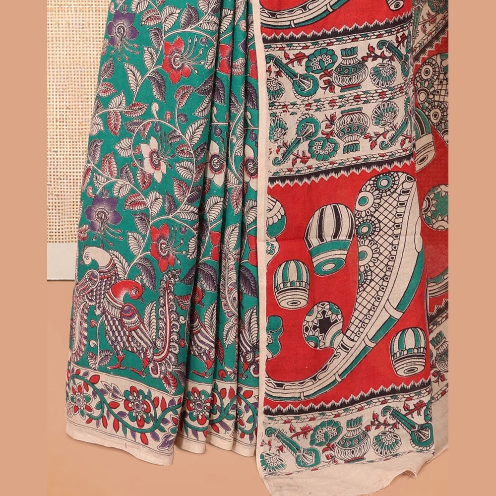 Pothys Blue Kalamkari Cotton Saree, Adorned with Floral Vine Print, Contrast Printed Border, Kalamkari Musical Instrument Motifs Pallu, and a Contrast Blouse