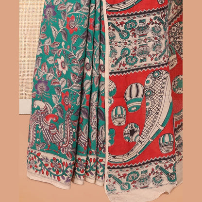 Pothys Blue Kalamkari Cotton Saree, Adorned with Floral Vine Print, Contrast Printed Border, Kalamkari Musical Instrument Motifs Pallu, and a Contrast Blouse