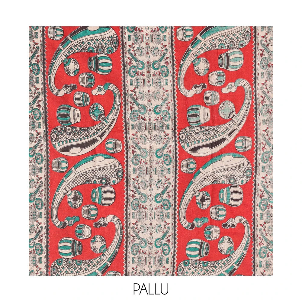 Pothys Blue Kalamkari Cotton Saree, Adorned with Floral Vine Print, Contrast Printed Border, Kalamkari Musical Instrument Motifs Pallu, and a Contrast Blouse