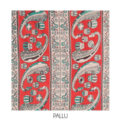 Pothys Blue Kalamkari Cotton Saree, Adorned with Floral Vine Print, Contrast Printed Border, Kalamkari Musical Instrument Motifs Pallu, and a Contrast Blouse