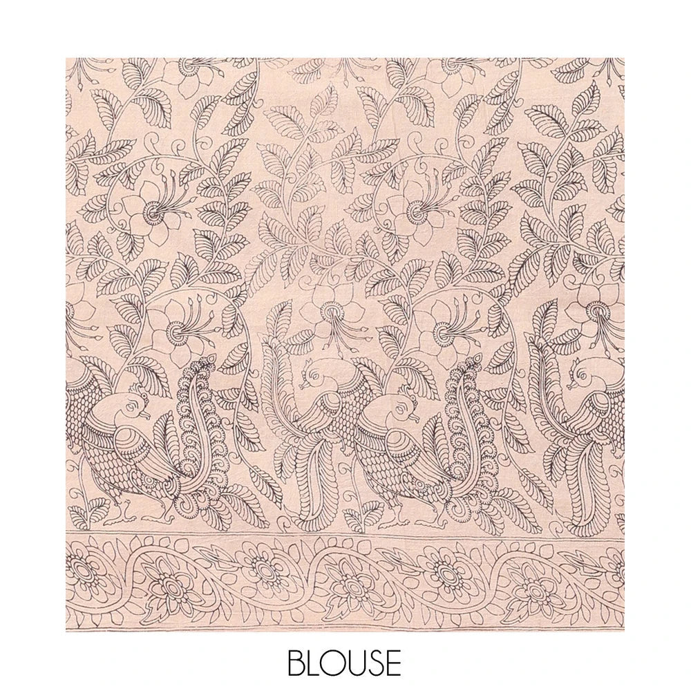 Pothys Blue Kalamkari Cotton Saree, Adorned with Floral Vine Print, Contrast Printed Border, Kalamkari Musical Instrument Motifs Pallu, and a Contrast Blouse