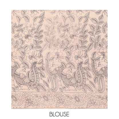 Pothys Blue Kalamkari Cotton Saree, Adorned with Floral Vine Print, Contrast Printed Border, Kalamkari Musical Instrument Motifs Pallu, and a Contrast Blouse