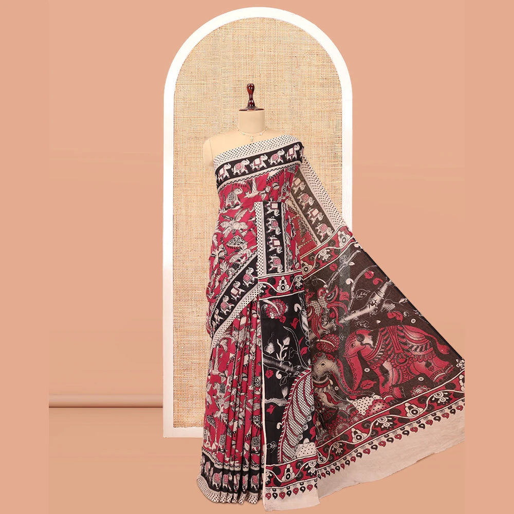 Pothys Red Kalamkari Cotton Saree, Graced with Floral Vine Print, Contrast Printed Border, Pallu of Kalamkari Peacock-Animal Motifs , and a Contrast Blouse