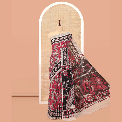Pothys Red Kalamkari Cotton Saree, Graced with Floral Vine Print, Contrast Printed Border, Pallu of Kalamkari Peacock-Animal Motifs , and a Contrast Blouse