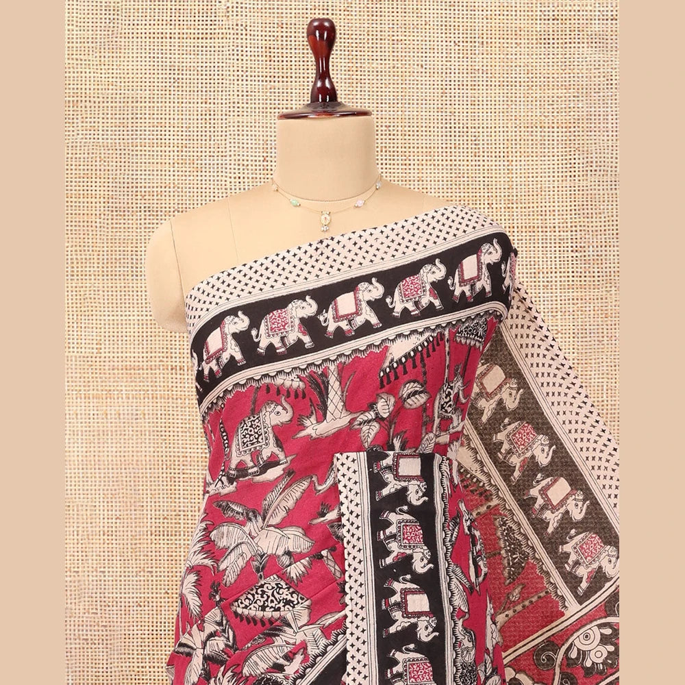 Pothys Red Kalamkari Cotton Saree, Graced with Floral Vine Print, Contrast Printed Border, Pallu of Kalamkari Peacock-Animal Motifs , and a Contrast Blouse