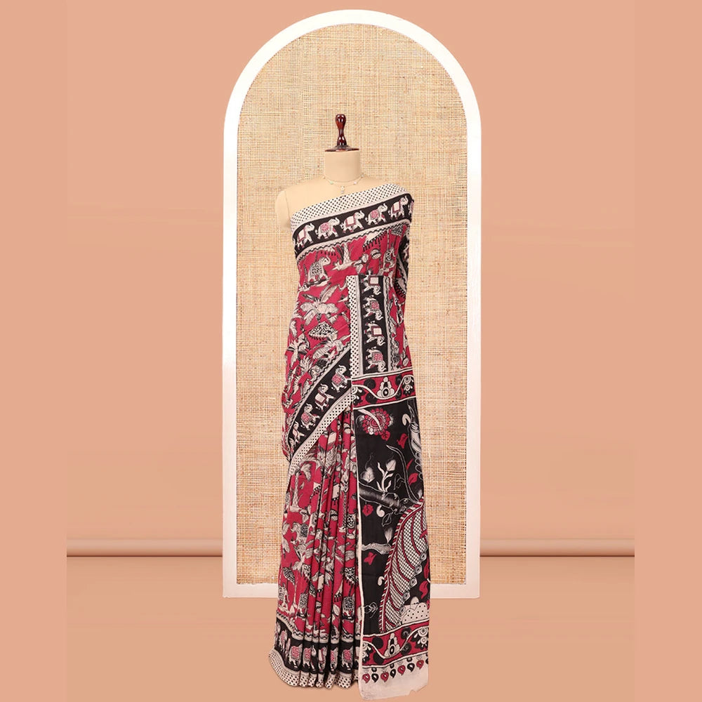 Pothys Red Kalamkari Cotton Saree, Graced with Floral Vine Print, Contrast Printed Border, Pallu of Kalamkari Peacock-Animal Motifs , and a Contrast Blouse