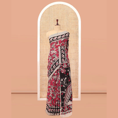 Pothys Red Kalamkari Cotton Saree, Graced with Floral Vine Print, Contrast Printed Border, Pallu of Kalamkari Peacock-Animal Motifs , and a Contrast Blouse