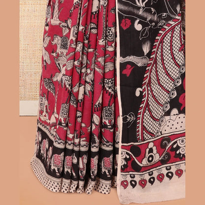 Pothys Red Kalamkari Cotton Saree, Graced with Floral Vine Print, Contrast Printed Border, Pallu of Kalamkari Peacock-Animal Motifs , and a Contrast Blouse