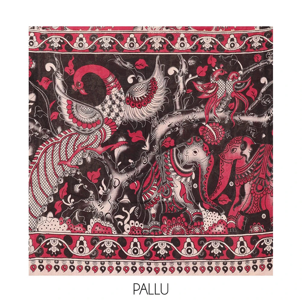 Pothys Red Kalamkari Cotton Saree, Graced with Floral Vine Print, Contrast Printed Border, Pallu of Kalamkari Peacock-Animal Motifs , and a Contrast Blouse