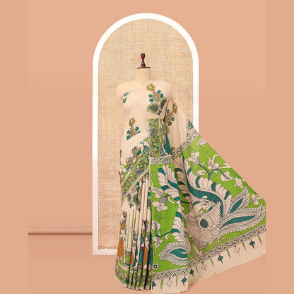 Pothys Sandal Kalamkari Cotton Saree, Accentuated with Ancient Human Motif Print, Contrast Printed Border, Kalamkari Peacock Motifs Pallu, and a Matching Blouse
