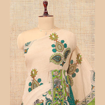 Pothys Sandal Kalamkari Cotton Saree, Accentuated with Ancient Human Motif Print, Contrast Printed Border, Kalamkari Peacock Motifs Pallu, and a Matching Blouse