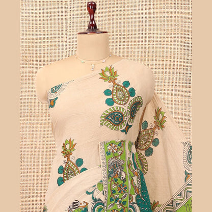Pothys Sandal Kalamkari Cotton Saree, Accentuated with Ancient Human Motif Print, Contrast Printed Border, Kalamkari Peacock Motifs Pallu, and a Matching Blouse