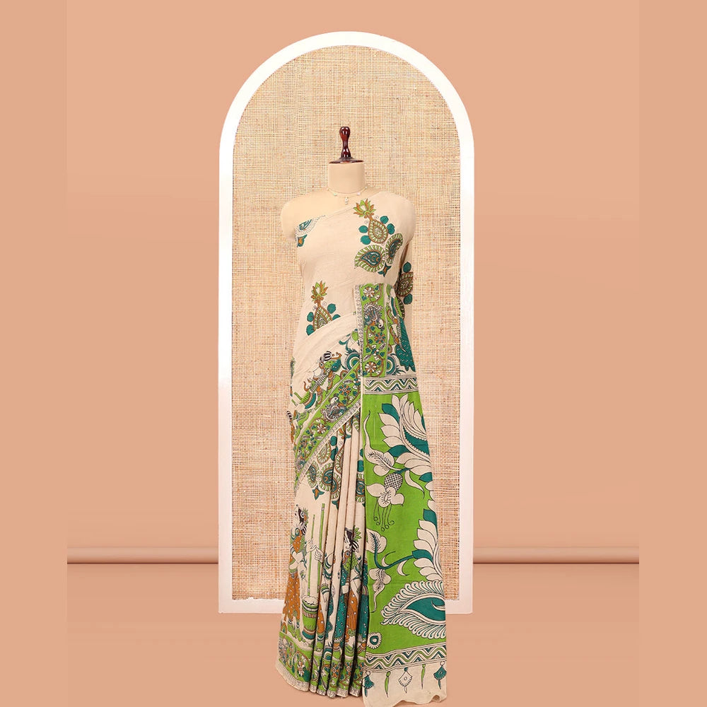 Pothys Sandal Kalamkari Cotton Saree, Accentuated with Ancient Human Motif Print, Contrast Printed Border, Kalamkari Peacock Motifs Pallu, and a Matching Blouse