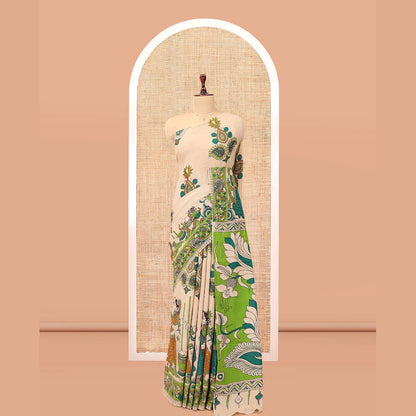 Pothys Sandal Kalamkari Cotton Saree, Accentuated with Ancient Human Motif Print, Contrast Printed Border, Kalamkari Peacock Motifs Pallu, and a Matching Blouse
