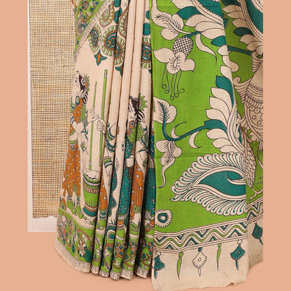 Pothys Sandal Kalamkari Cotton Saree, Accentuated with Ancient Human Motif Print, Contrast Printed Border, Kalamkari Peacock Motifs Pallu, and a Matching Blouse