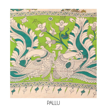 Pothys Sandal Kalamkari Cotton Saree, Accentuated with Ancient Human Motif Print, Contrast Printed Border, Kalamkari Peacock Motifs Pallu, and a Matching Blouse