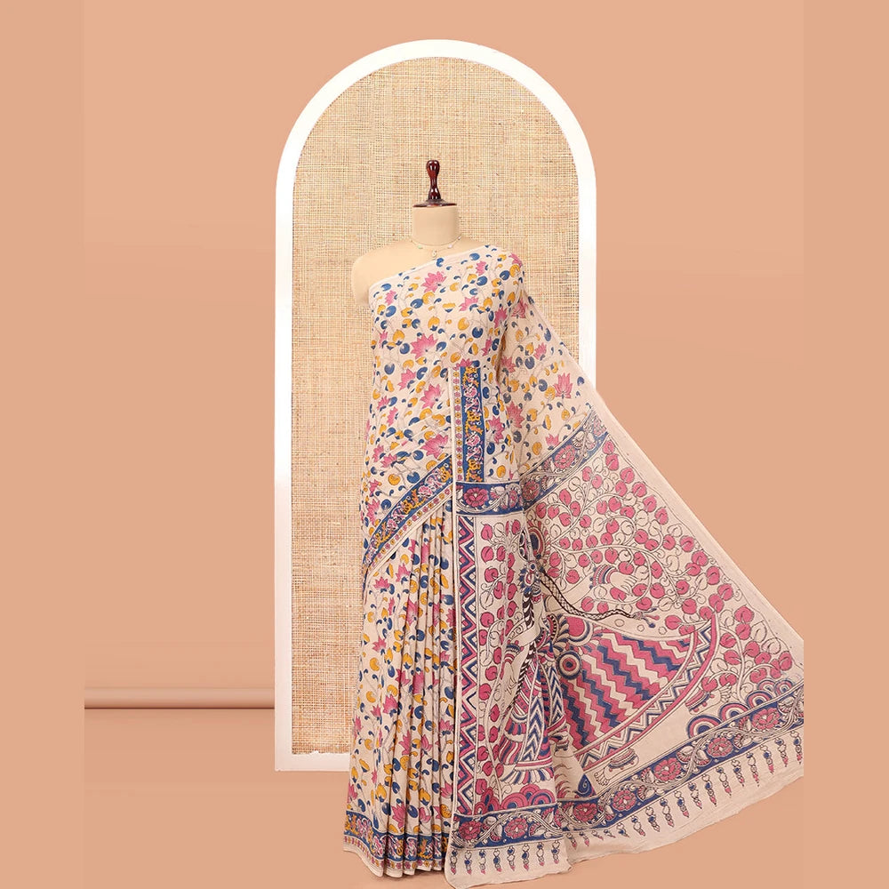 Pothys Multi-Color Kalamkari Cotton Saree, Adorned with Floral Vine Print, Contrast Printed Border, Kalamkari Peacock Motifs Pallu, and a Matching Blouse