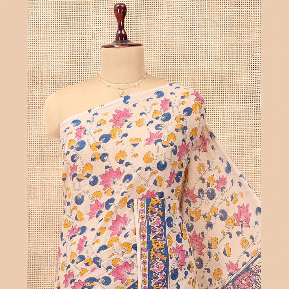 Pothys Multi-Color Kalamkari Cotton Saree, Adorned with Floral Vine Print, Contrast Printed Border, Kalamkari Peacock Motifs Pallu, and a Matching Blouse