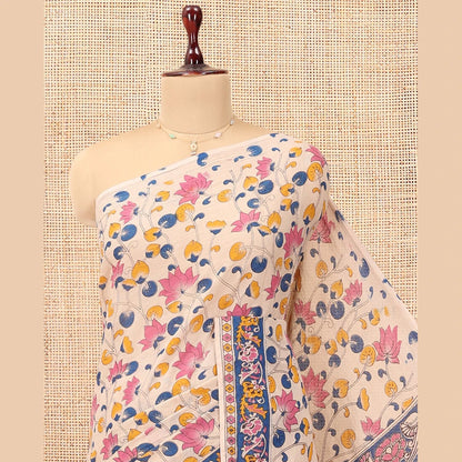 Pothys Multi-Color Kalamkari Cotton Saree, Adorned with Floral Vine Print, Contrast Printed Border, Kalamkari Peacock Motifs Pallu, and a Matching Blouse