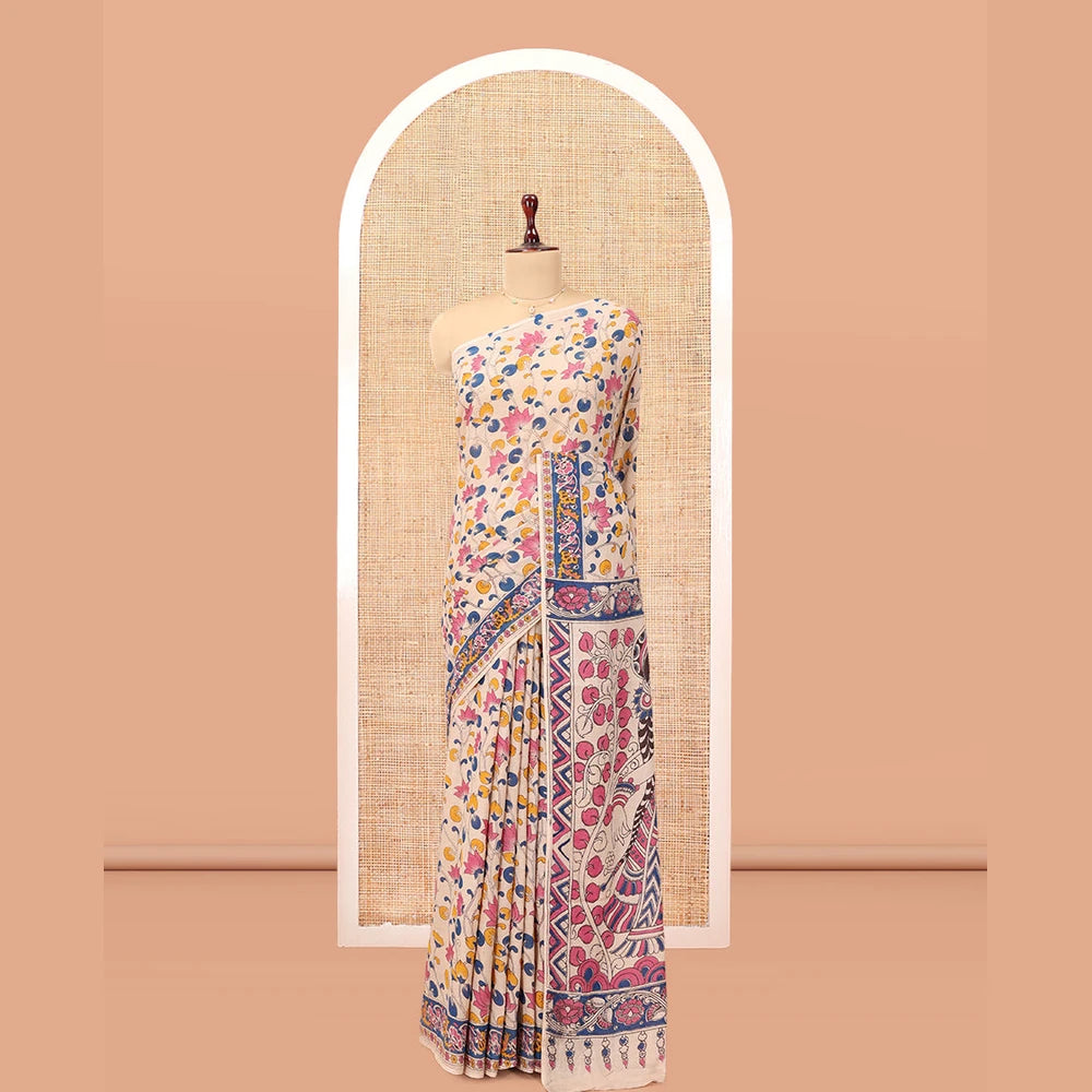 Pothys Multi-Color Kalamkari Cotton Saree, Adorned with Floral Vine Print, Contrast Printed Border, Kalamkari Peacock Motifs Pallu, and a Matching Blouse