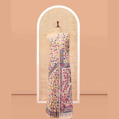 Pothys Multi-Color Kalamkari Cotton Saree, Adorned with Floral Vine Print, Contrast Printed Border, Kalamkari Peacock Motifs Pallu, and a Matching Blouse
