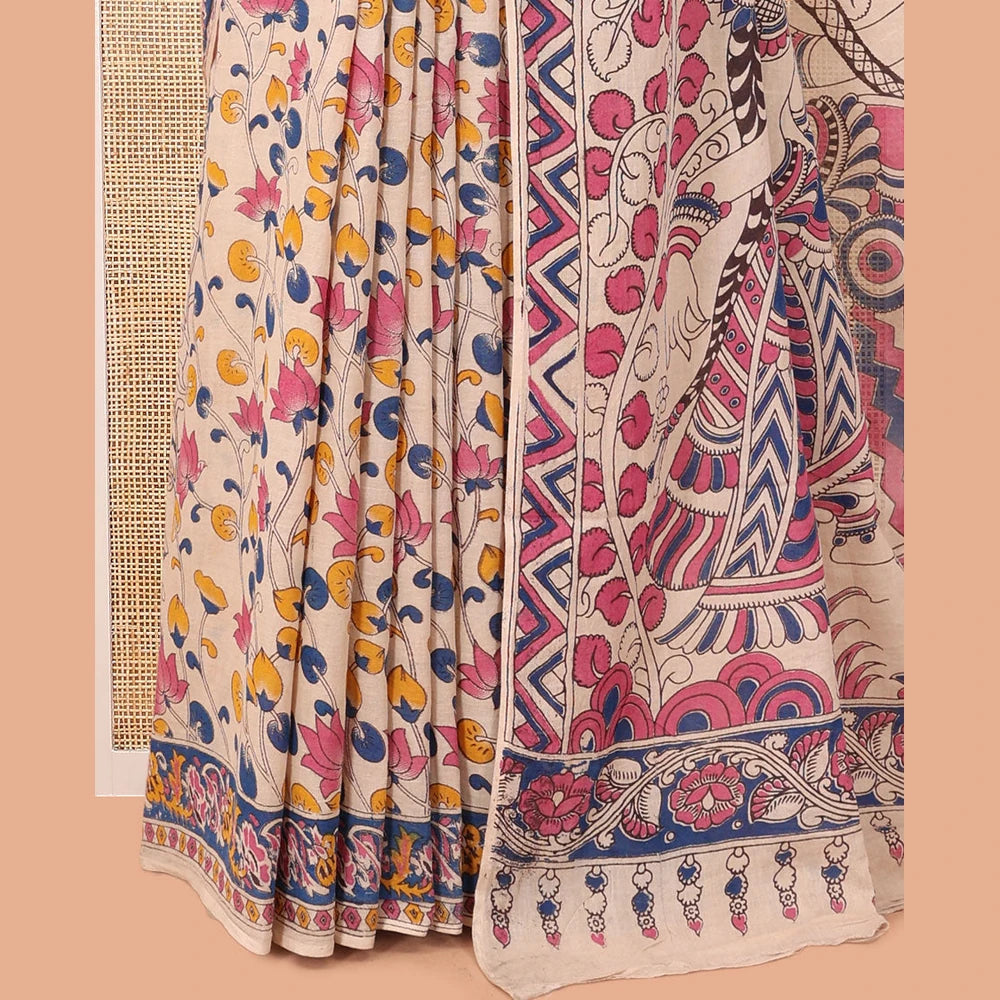 Pothys Multi-Color Kalamkari Cotton Saree, Adorned with Floral Vine Print, Contrast Printed Border, Kalamkari Peacock Motifs Pallu, and a Matching Blouse