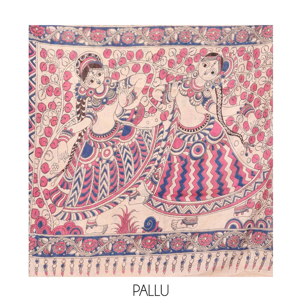 Pothys Multi-Color Kalamkari Cotton Saree, Adorned with Floral Vine Print, Contrast Printed Border, Kalamkari Peacock Motifs Pallu, and a Matching Blouse