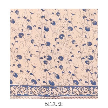 Pothys Multi-Color Kalamkari Cotton Saree, Adorned with Floral Vine Print, Contrast Printed Border, Kalamkari Peacock Motifs Pallu, and a Matching Blouse