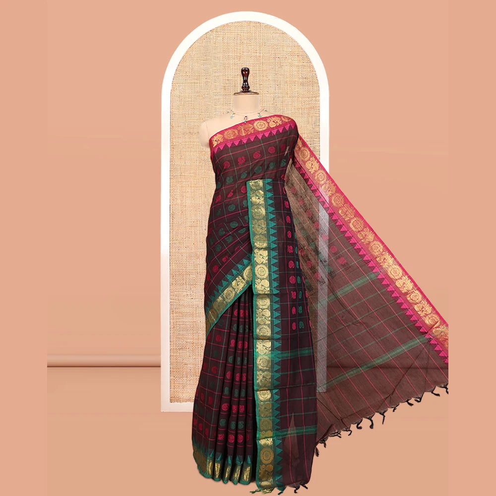 Pothys Brown Chettinad Cotton Saree Features Butta Enclosed Checks, a Contrast Temple Annam-Peacock Ganga-Jamuna Border, and a Matching Blouse