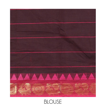 Pothys Brown Chettinad Cotton Saree Features Butta Enclosed Checks, a Contrast Temple Annam-Peacock Ganga-Jamuna Border, and a Matching Blouse
