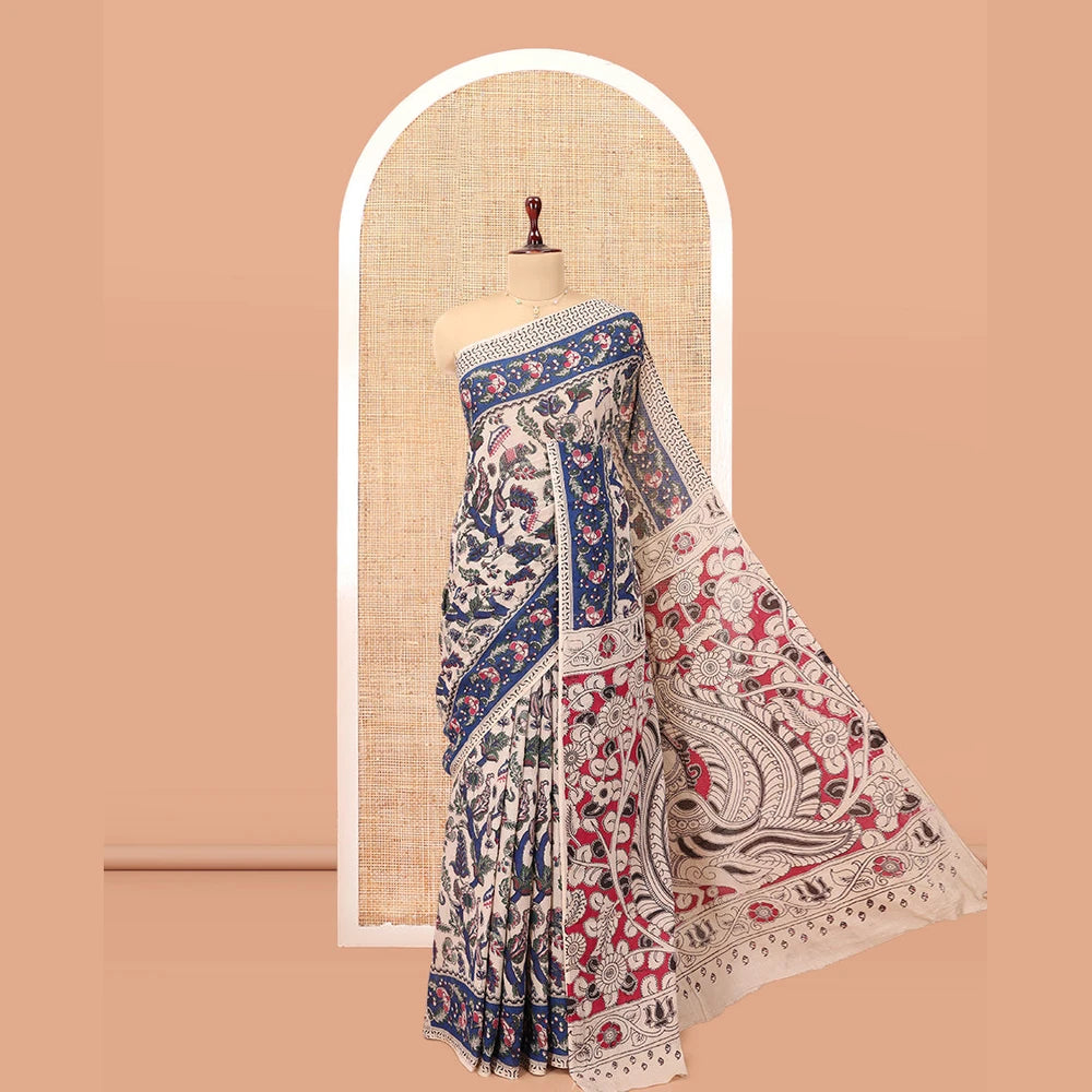 Pothys Sandal Kalamkari Cotton Saree, Elevated with Animal and Floral Motif Print, Contrast Printed Border, Kalamkari Peacock Motifs Pallu, and a Matching Blouse