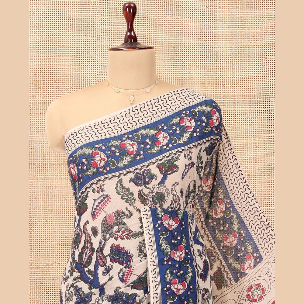 Pothys Sandal Kalamkari Cotton Saree, Elevated with Animal and Floral Motif Print, Contrast Printed Border, Kalamkari Peacock Motifs Pallu, and a Matching Blouse