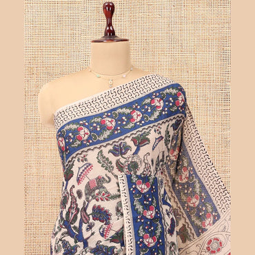 Pothys Sandal Kalamkari Cotton Saree, Elevated with Animal and Floral Motif Print, Contrast Printed Border, Kalamkari Peacock Motifs Pallu, and a Matching Blouse