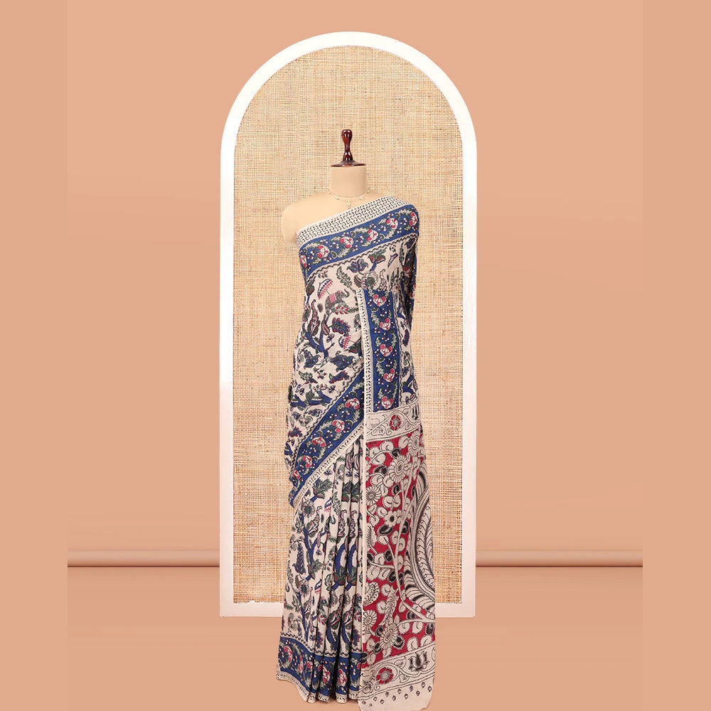 Pothys Sandal Kalamkari Cotton Saree, Elevated with Animal and Floral Motif Print, Contrast Printed Border, Kalamkari Peacock Motifs Pallu, and a Matching Blouse