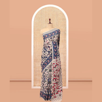 Pothys Sandal Kalamkari Cotton Saree, Elevated with Animal and Floral Motif Print, Contrast Printed Border, Kalamkari Peacock Motifs Pallu, and a Matching Blouse