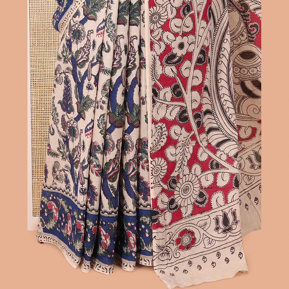 Pothys Sandal Kalamkari Cotton Saree, Elevated with Animal and Floral Motif Print, Contrast Printed Border, Kalamkari Peacock Motifs Pallu, and a Matching Blouse