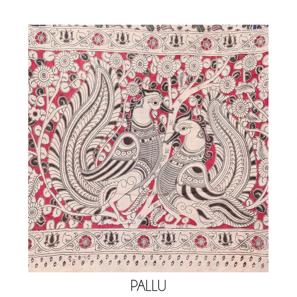 Pothys Sandal Kalamkari Cotton Saree, Elevated with Animal and Floral Motif Print, Contrast Printed Border, Kalamkari Peacock Motifs Pallu, and a Matching Blouse