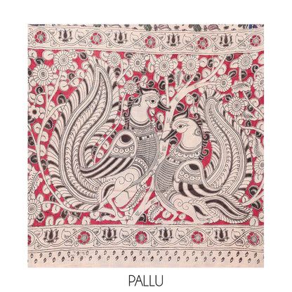 Pothys Sandal Kalamkari Cotton Saree, Elevated with Animal and Floral Motif Print, Contrast Printed Border, Kalamkari Peacock Motifs Pallu, and a Matching Blouse