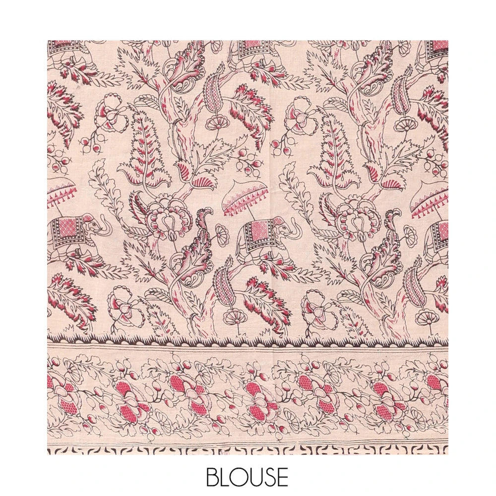 Pothys Sandal Kalamkari Cotton Saree, Elevated with Animal and Floral Motif Print, Contrast Printed Border, Kalamkari Peacock Motifs Pallu, and a Matching Blouse