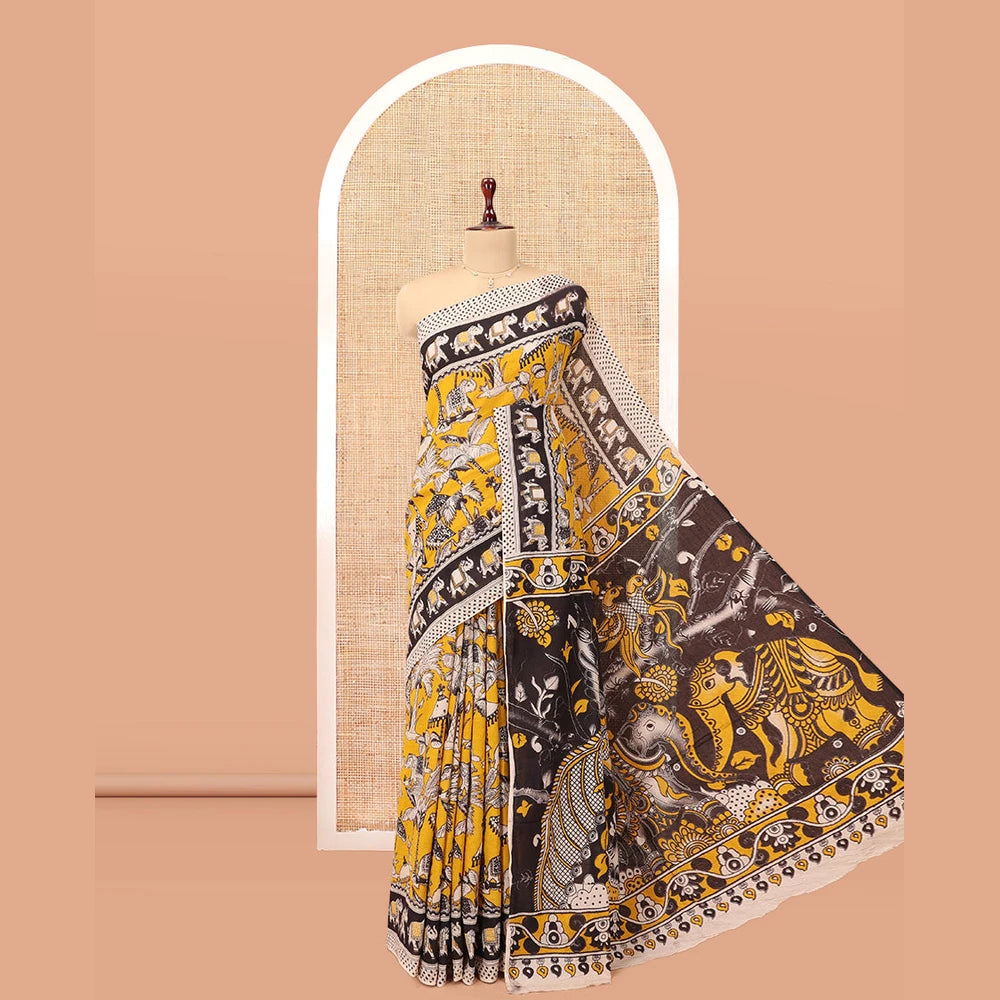 Pothys Yellow Kalamkari Cotton Saree, Embellished with Animal Motif Print, Contrast Printed Border, Kalamkari Animal Motifs Pallu, and a Contrast Blouse