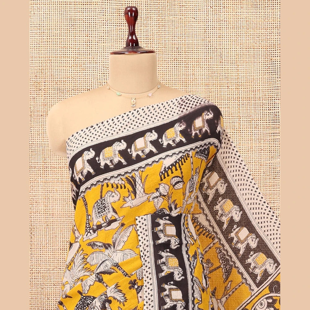 Pothys Yellow Kalamkari Cotton Saree, Embellished with Animal Motif Print, Contrast Printed Border, Kalamkari Animal Motifs Pallu, and a Contrast Blouse