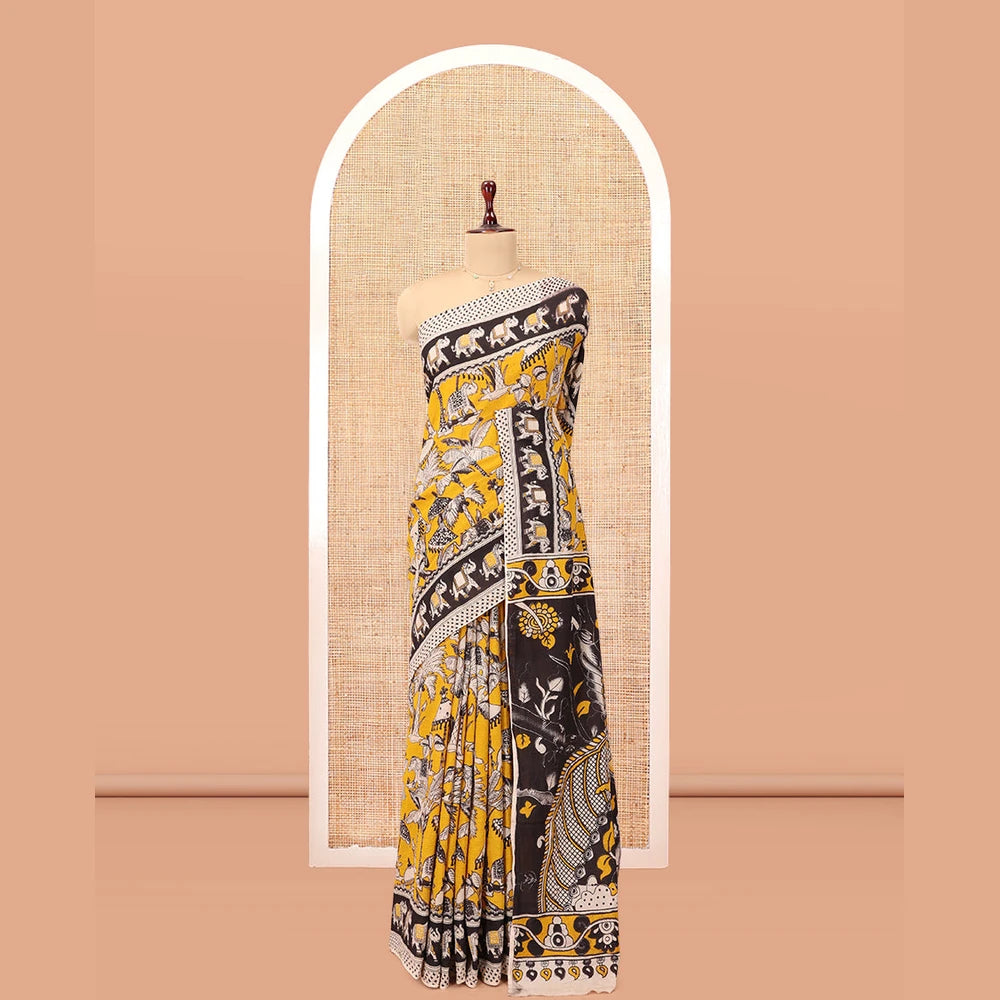 Pothys Yellow Kalamkari Cotton Saree, Embellished with Animal Motif Print, Contrast Printed Border, Kalamkari Animal Motifs Pallu, and a Contrast Blouse