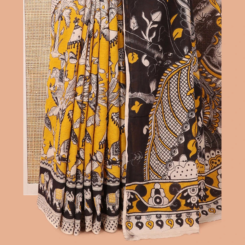 Pothys Yellow Kalamkari Cotton Saree, Embellished with Animal Motif Print, Contrast Printed Border, Kalamkari Animal Motifs Pallu, and a Contrast Blouse