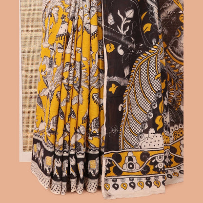 Pothys Yellow Kalamkari Cotton Saree, Embellished with Animal Motif Print, Contrast Printed Border, Kalamkari Animal Motifs Pallu, and a Contrast Blouse