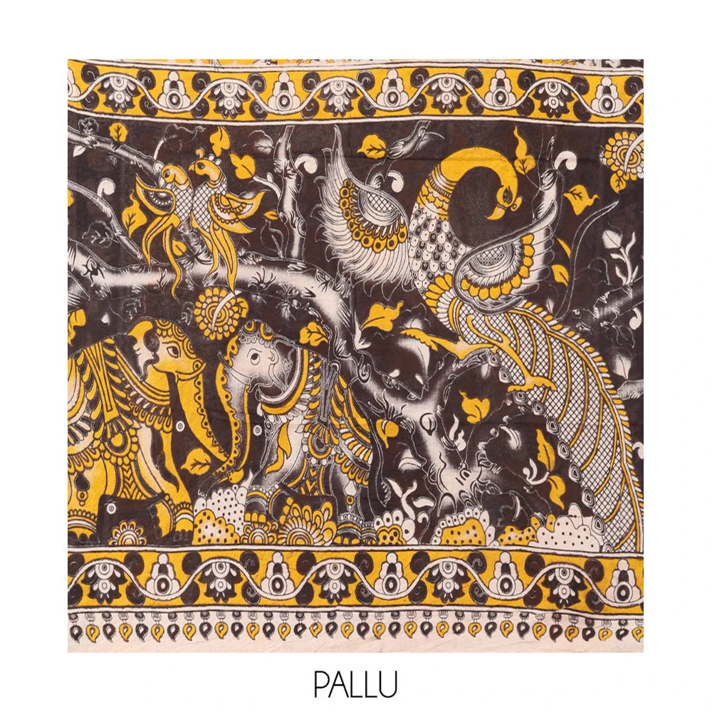 Pothys Yellow Kalamkari Cotton Saree, Embellished with Animal Motif Print, Contrast Printed Border, Kalamkari Animal Motifs Pallu, and a Contrast Blouse