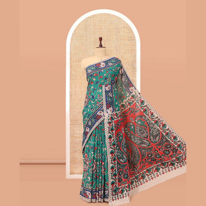 Pothys Blue Kalamkari Cotton Saree, Adorned with Floral Vine Print, Contrast Printed Border, Kalamkari Paisley Motifs Pallu, and a Contrast Blouse